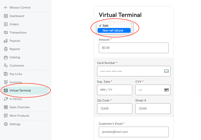 Non-ref refund selected in the Virtual Terminal drop-down menu