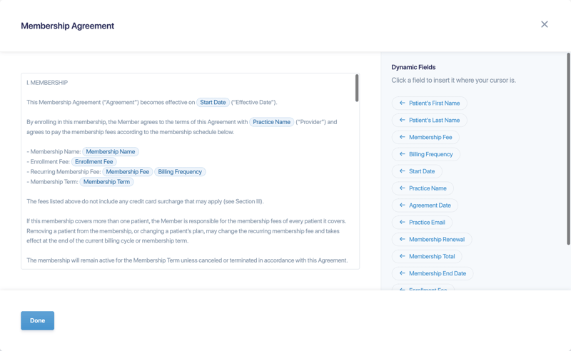 The Membership Agreement editor with the Dynamic Fields list on the right