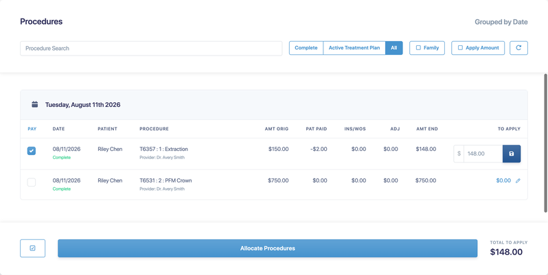 The Procedures window with one procedure selected and $148.00 to apply