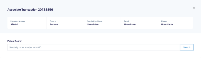 The Associate Transaction window with payment details and Patient Search