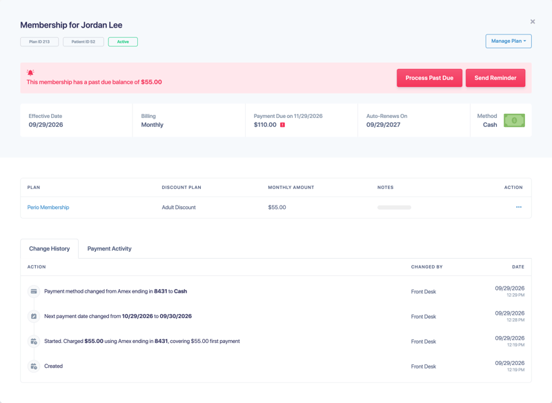The Change History tab listing payment method and payment date changes with who made them and when