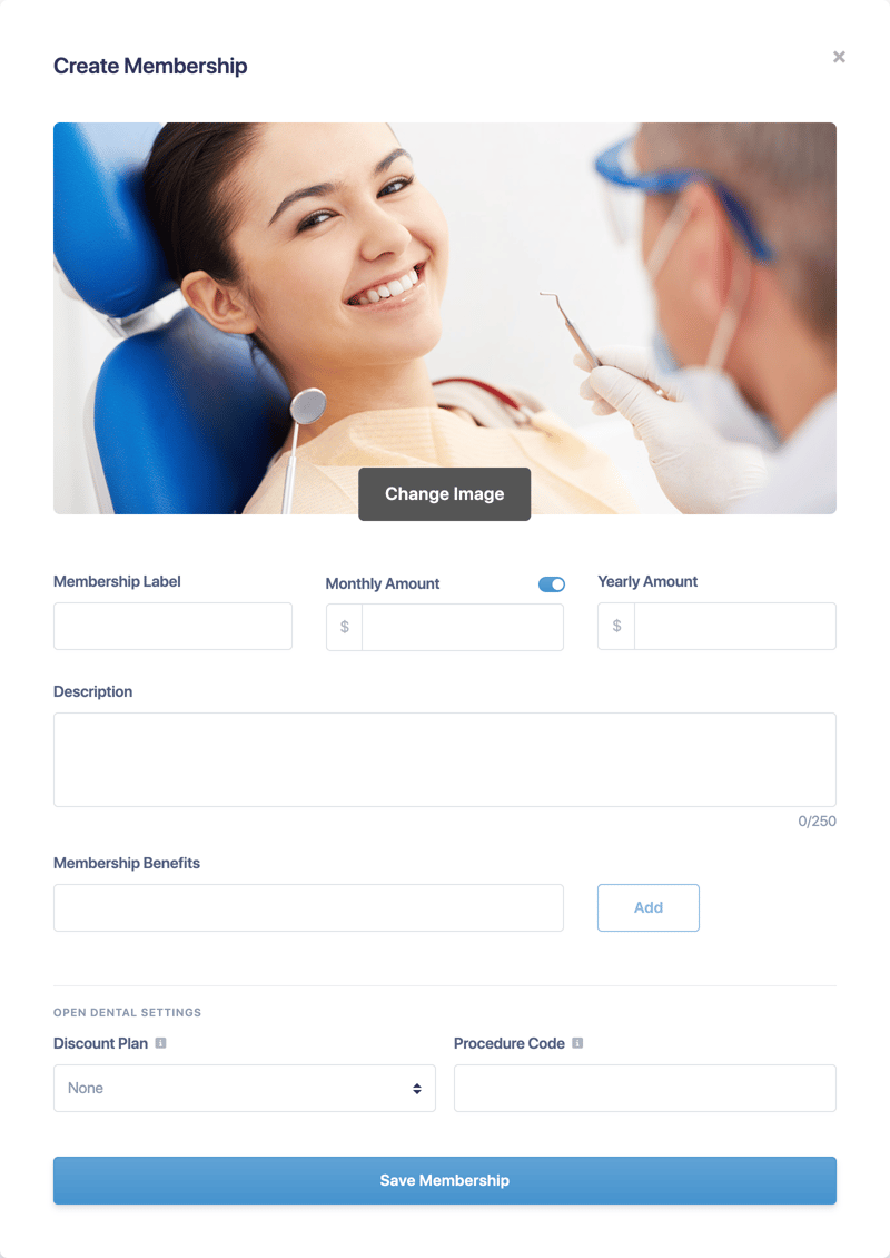 The Create Membership window with label, monthly and yearly amounts, description, benefits and Open Dental settings