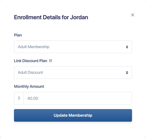 The Enrollment Details window with Plan, Link Discount Plan and Monthly Amount