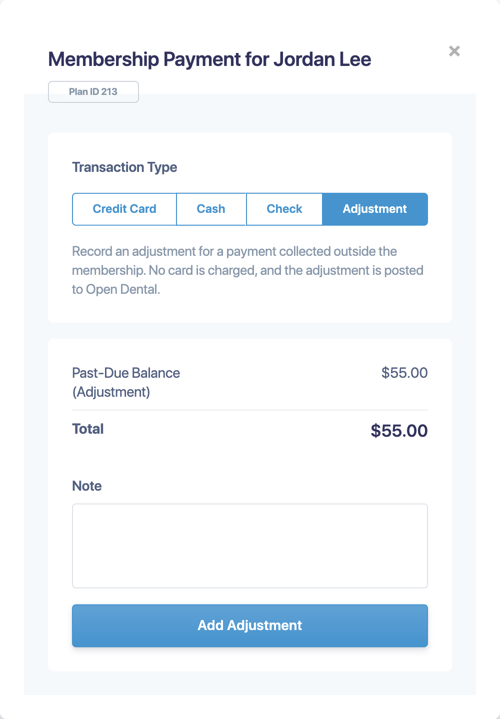 The Membership Payment window with Credit Card, Cash, Check and Adjustment, with Adjustment selected