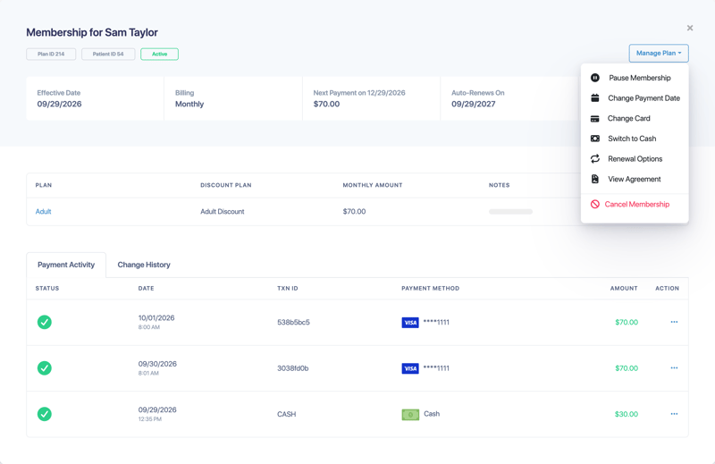 A membership page with the Manage Plan menu open