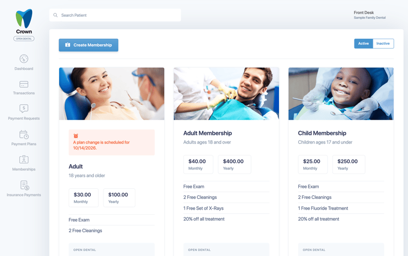 Membership Administration showing plan cards with monthly and yearly prices and benefits