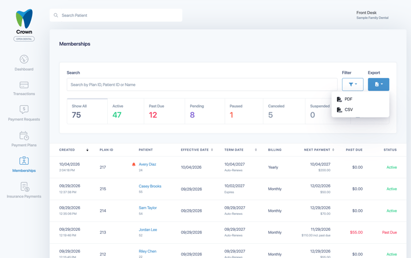 The Export menu with PDF and CSV options