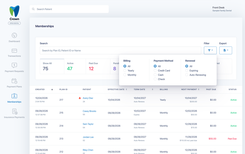 The Filter menu with Billing, Payment Method and Renewal options