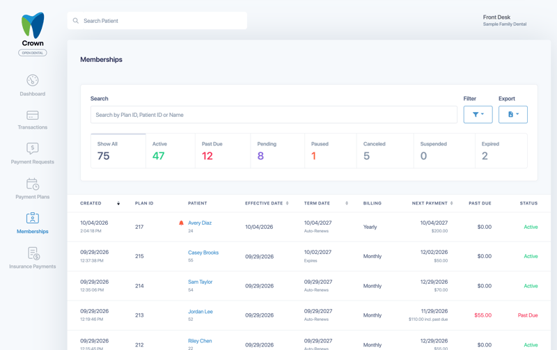 The Memberships list with status tiles, search box, Filter and Export, and the membership table