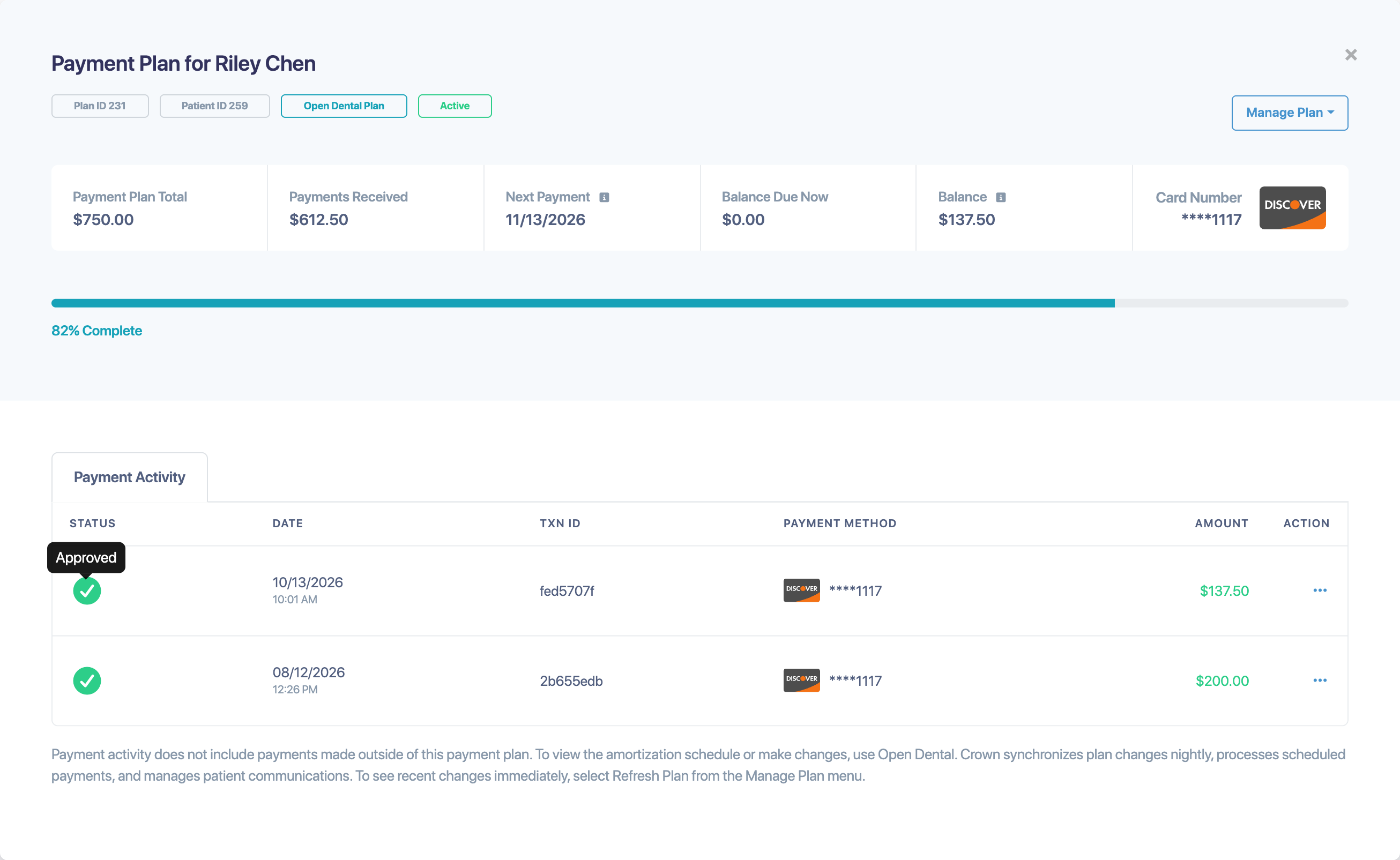 An Open Dental payment plan in Crown with Payment Activity and the note about nightly syncing