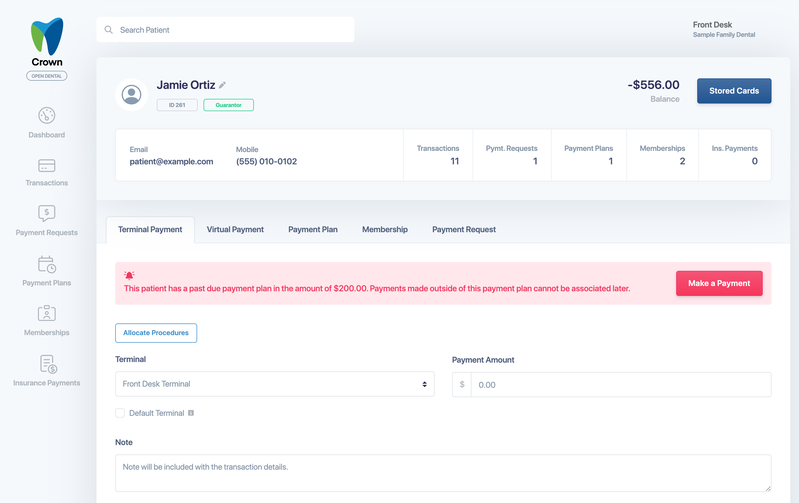 A patient's page with the past-due payment plan warning and Make a Payment