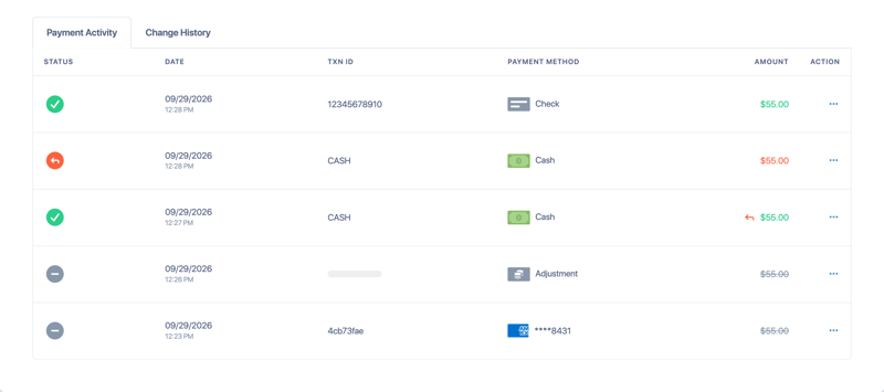 The Payment Activity tab showing check, cash, refunded and voided entries
