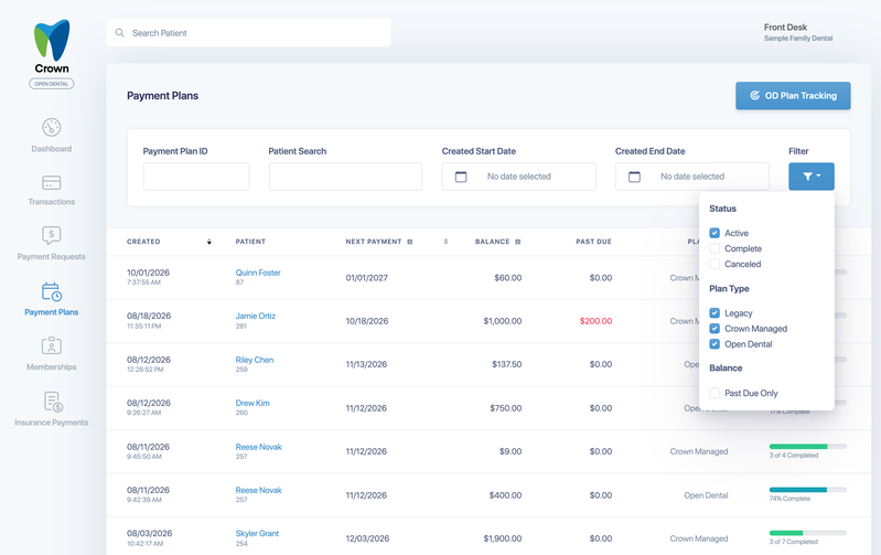 The Filter menu with Status, Plan Type and Past Due Only