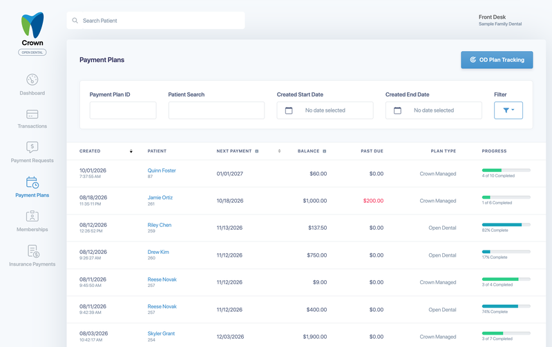 The Payment Plans page with search fields, dates, Filter and the list of plans