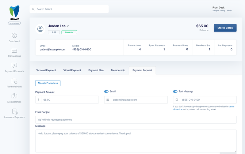 The Payment Request tab with Payment Amount, Email, Text Message, Email Subject, Message and Attach Statement
