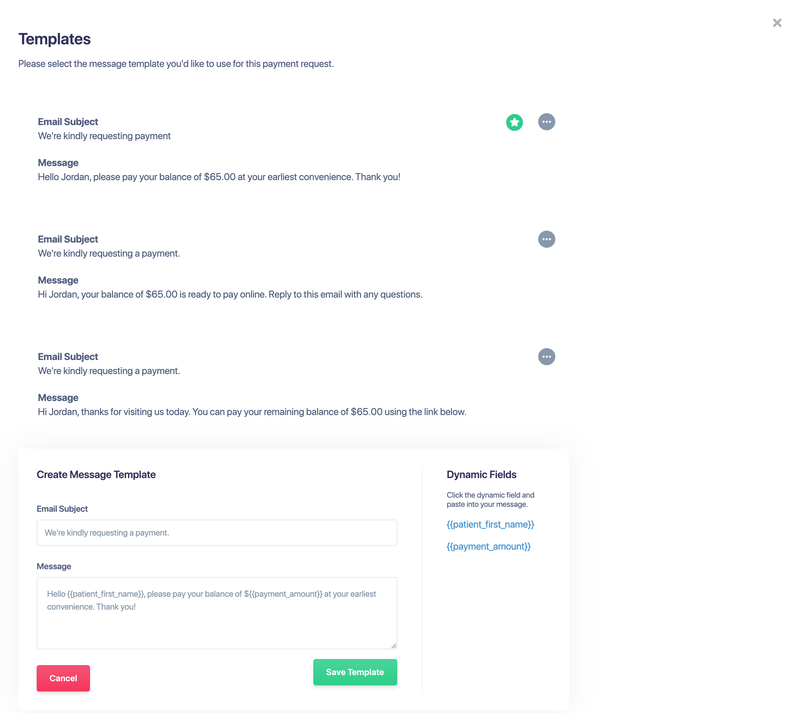The Templates window with saved templates and the Create Message Template form with Dynamic Fields