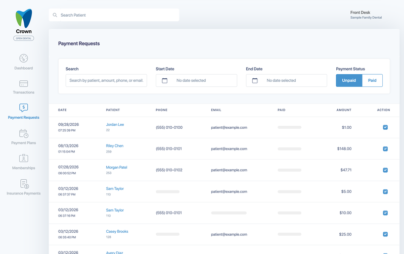 The Payment Requests page with search, dates, the Unpaid and Paid filter, and the list of requests