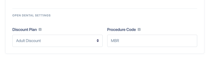 The Discount Plan and Procedure Code fields under Open Dental Settings in the Plan Change window