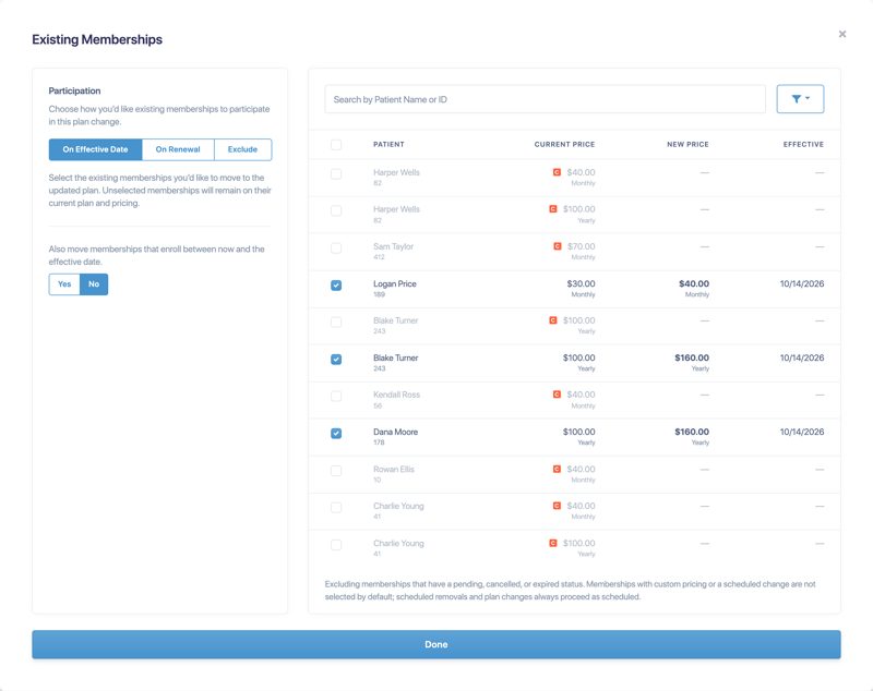 The Existing Memberships window with participation options and a list of members showing current price, new price and effective date