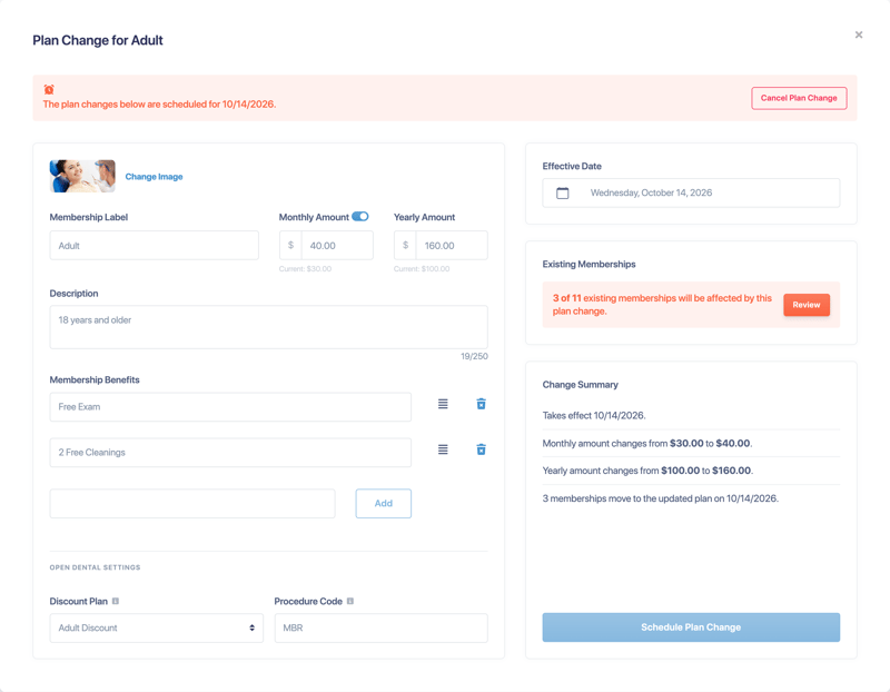 The Plan Change window with an updated price, the Effective Date, Existing Memberships and the Change Summary