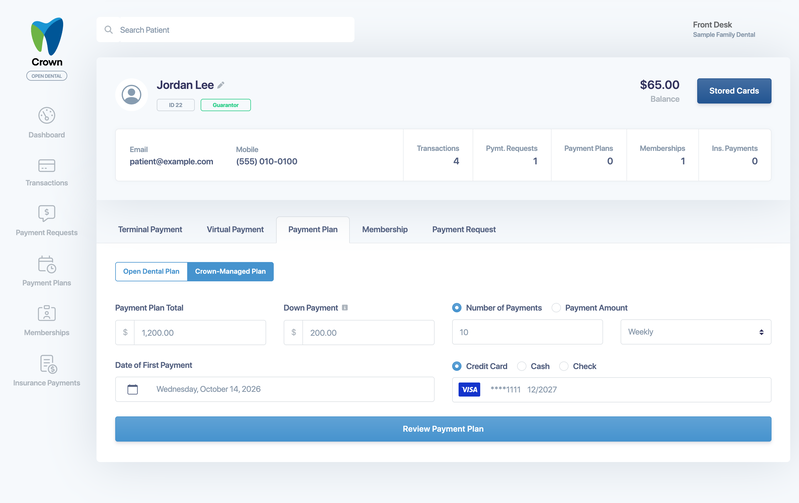 The Crown-Managed Plan form with a $1,200 total, $200 down payment, 10 payments and a stored card