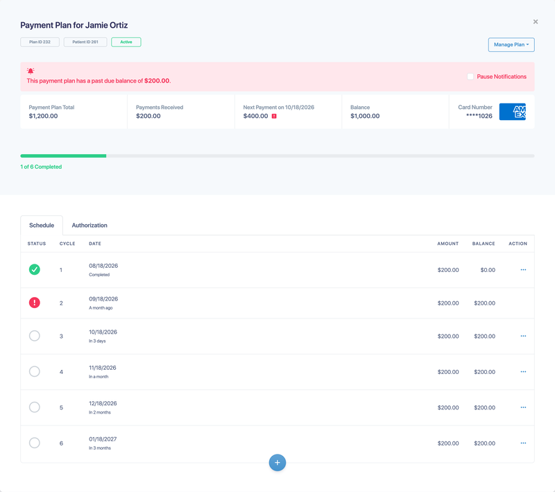 A payment plan with a past-due banner, plan totals and the payment schedule