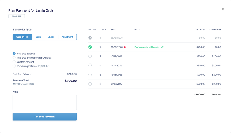 The Plan Payment window with Card on File selected and Past Due Balance chosen