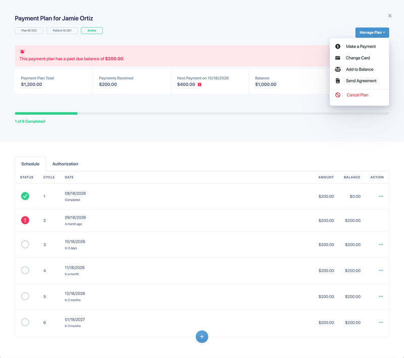 The Manage Plan menu with Make a Payment, Change Card, Add to Balance, Send Agreement and Cancel Plan
