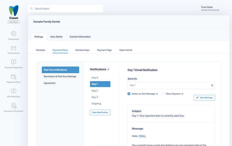The Day 1 past-due notification with Send On, Notify via Text Message, Retry Payment and the email message