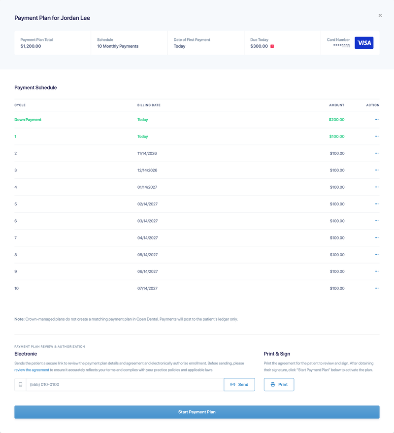 The payment plan review with the payment schedule and the authorization options