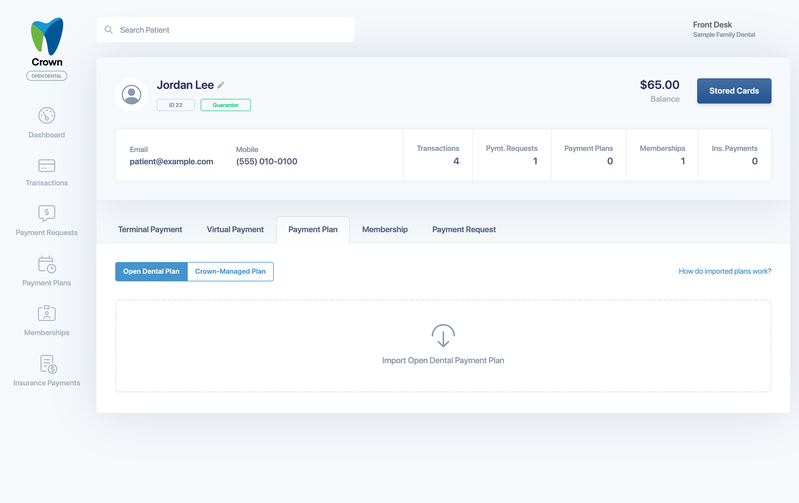 The Payment Plan tab with Open Dental Plan and Crown-Managed Plan