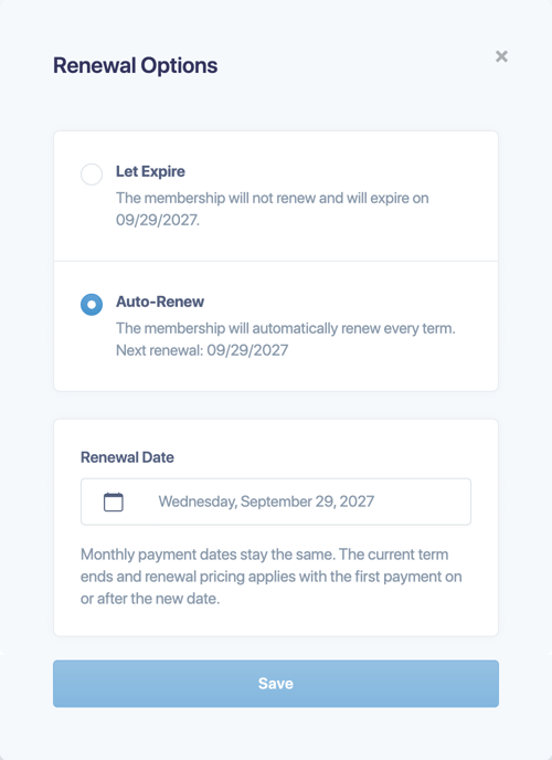 The Renewal Options window with Let Expire, Auto-Renew and Renewal Date