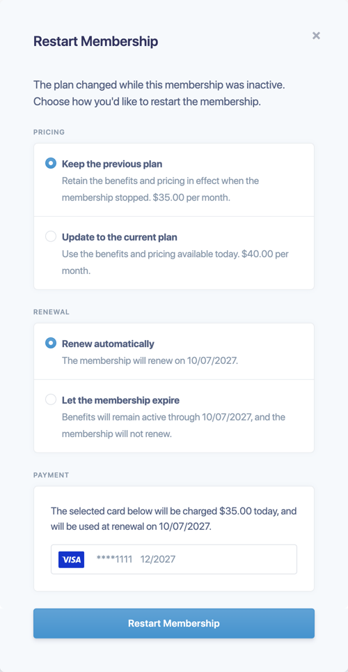 The Restart Membership window with Pricing, Renewal and Payment options