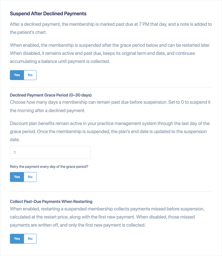 Suspend After Declined Payments with the grace period, daily retry and Collect Past-Due Payments When Restarting