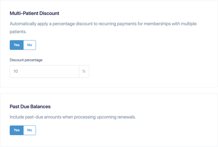 Multi-Patient Discount with a discount percentage, and Past Due Balances