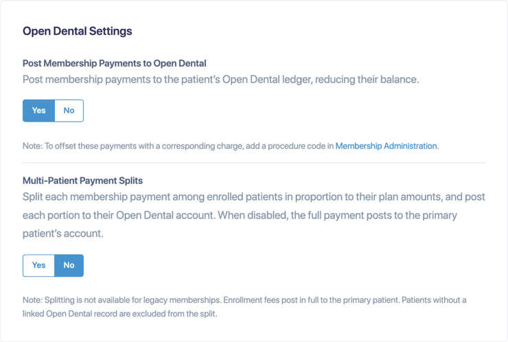 Open Dental Settings in Membership Settings, showing Post Membership Payments to Open Dental and Multi-Patient Payment Splits