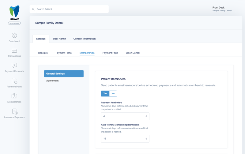 Settings, Memberships tab, General Settings with Patient Reminders