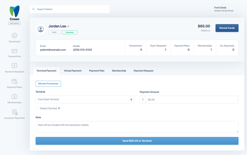 The Terminal Payment tab with Terminal, Payment Amount, Note and the Send to Terminal button