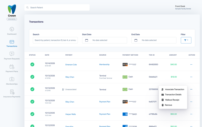 The Transactions list with the action menu open on an unassociated terminal payment