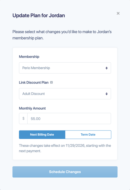 The Update Plan window for one patient with Membership, Link Discount Plan, Monthly Amount and the Next Billing Date or Term Date choice
