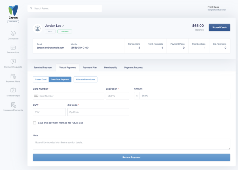 The Virtual Payment tab with One-Time Payment selected, showing Card Number, Expiration, CVV, Zip Code and Save this payment method for future use