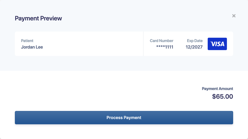 The Payment Preview window with the patient, card, payment amount and Process Payment