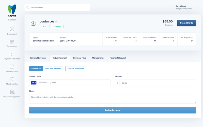 The Virtual Payment tab with Stored Card selected, a stored card, Amount and Note